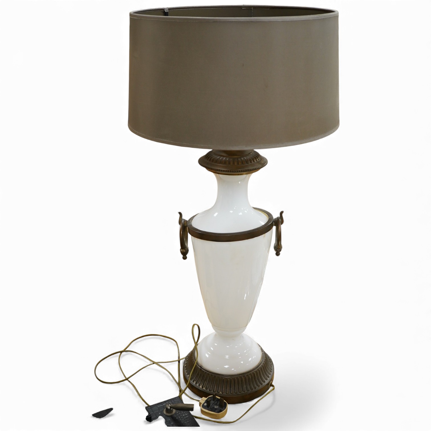 An Etruscan style opaque glass lamp and shade, 75cm high